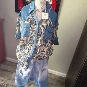 linen shirt with jeans inserts, 3/4 sleeve length